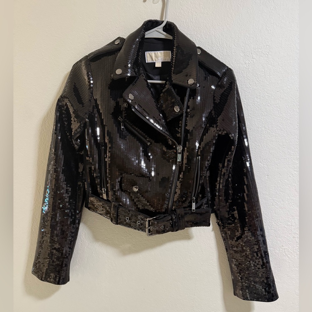 Michael Michael Kors Black Sequin Moto Jacket XXS